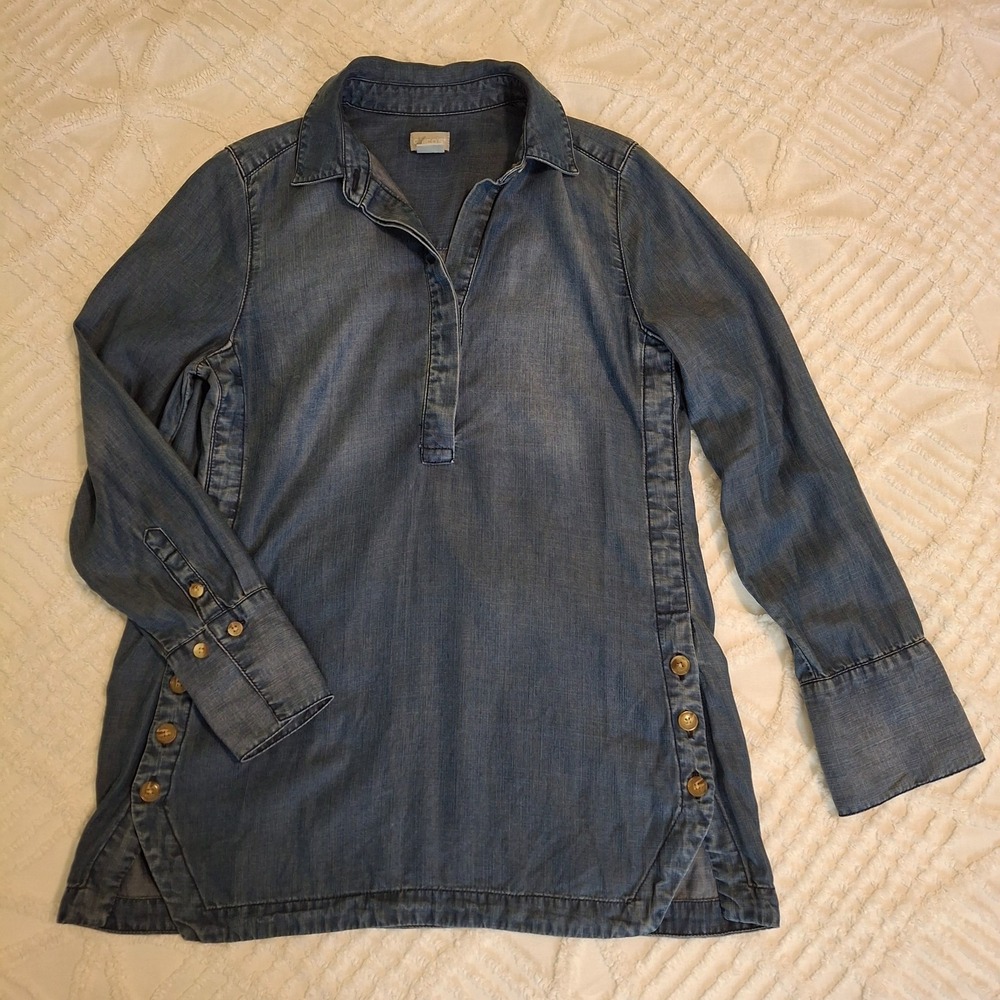 Chico's‎ Womens 00 Tunic Top Blue Tencel Cool Touch XS Henley Long Sleeve